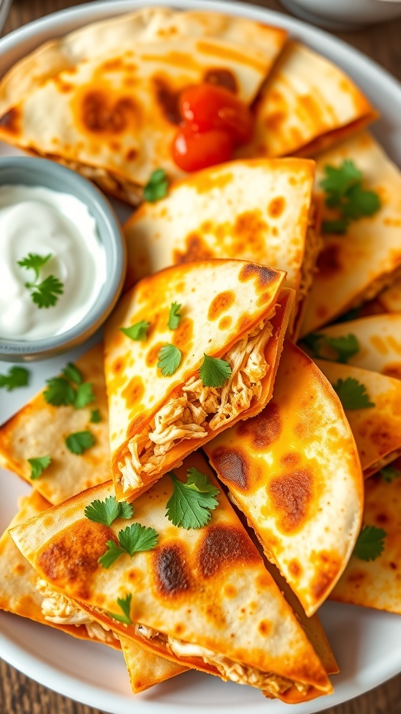 Cheesy chicken quesadilla wedges on a plate with sour cream and salsa.